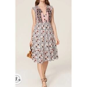 Figue Lily Clara midi dress Sz M White Blue Floral Tiered Boho Cottagecore